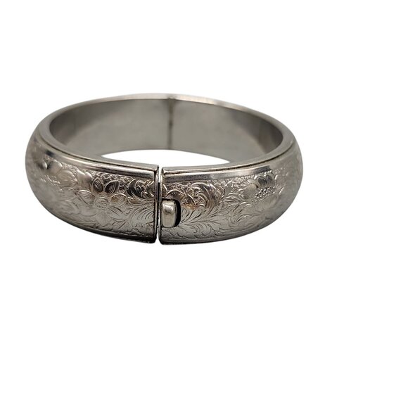 Floral Etched Hinged Bangle Bracelet Size 6.5" Vintage 16mm Wide - Picture 6 of 7